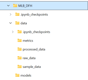 Under my main MLB_DFH folder, I have created core folders (data, models) and under data have metrics, processed_data, raw_data, and sample_data. Jupyter also creates some folders.