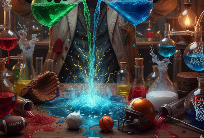 A lab desk with various vials and sports equipment, with blue and green vials of liquid pouring down and combining in the middle