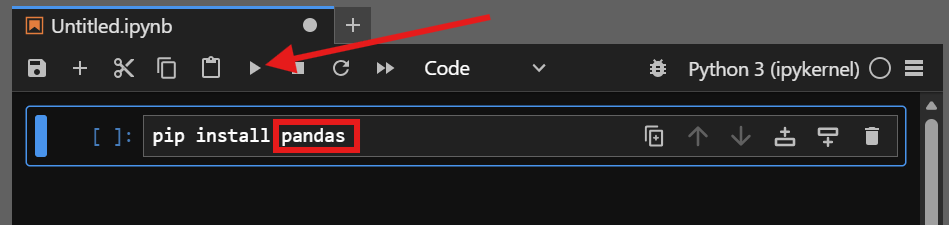 Typing "pip install pandas" and then hitting Shift+Enter or pressing the "run" button (play) will execute the cell you're in.